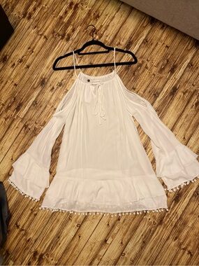 Lovers + Friends White Off-Shoulder Pom Trim Tropical Oasis Dress